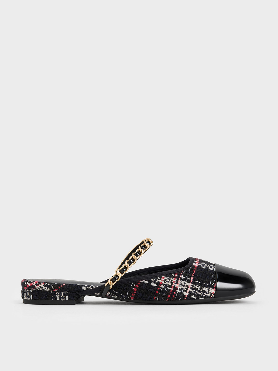 Charles & Keith - Patent & Tweed Chain-Strap Mules