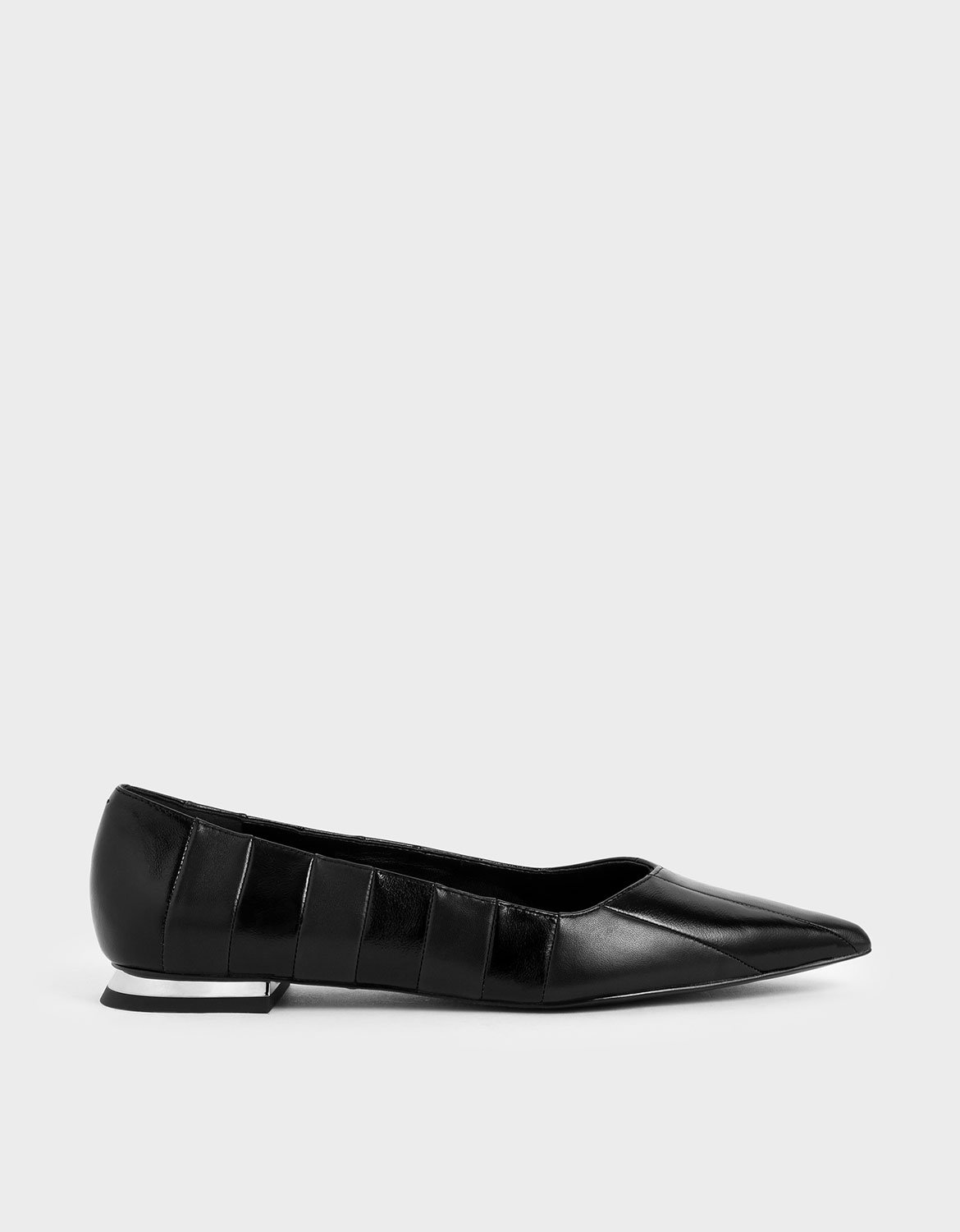 

Leather Striped Ballerina Flats, Black