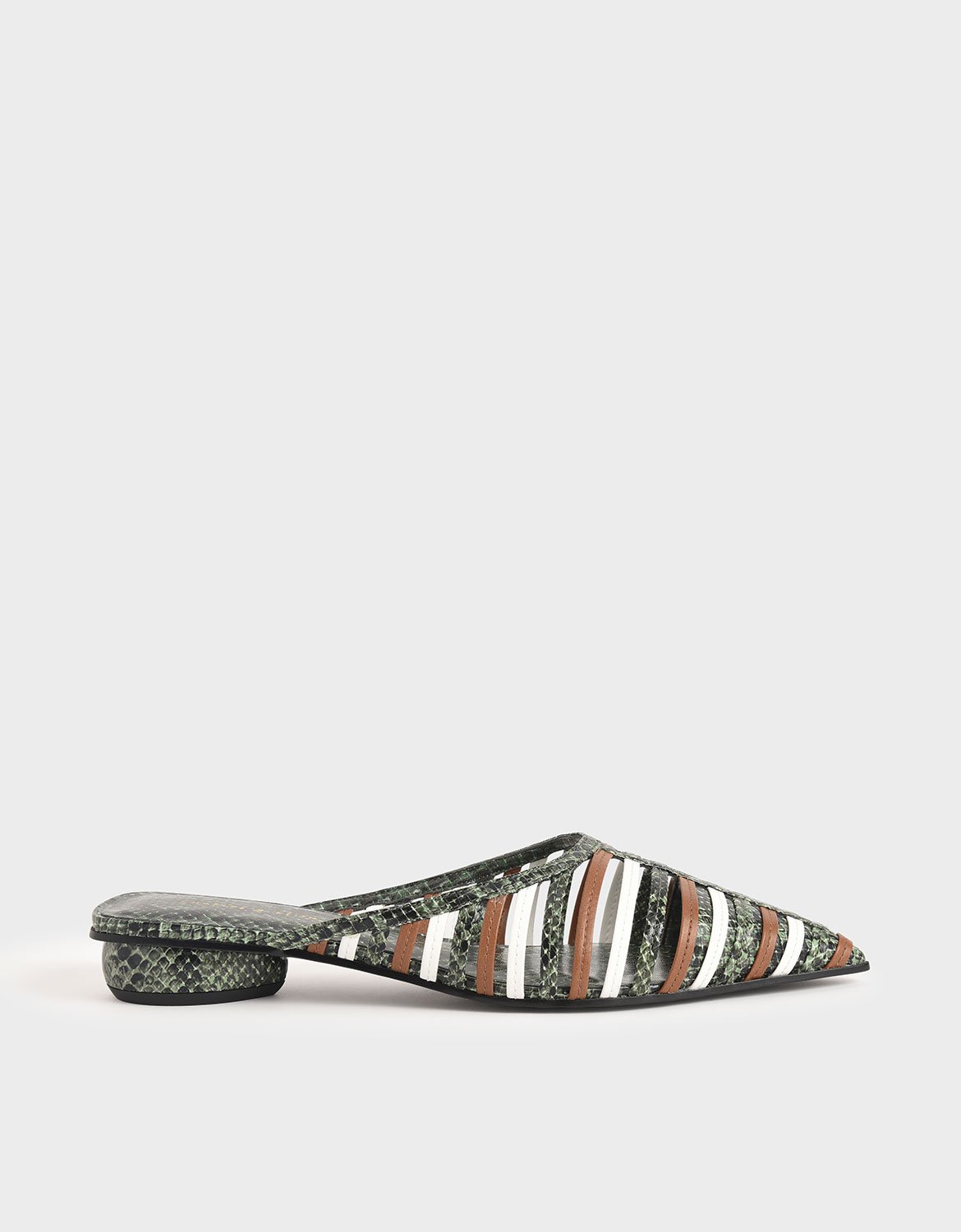 

Snake Print Caged Mules, Green