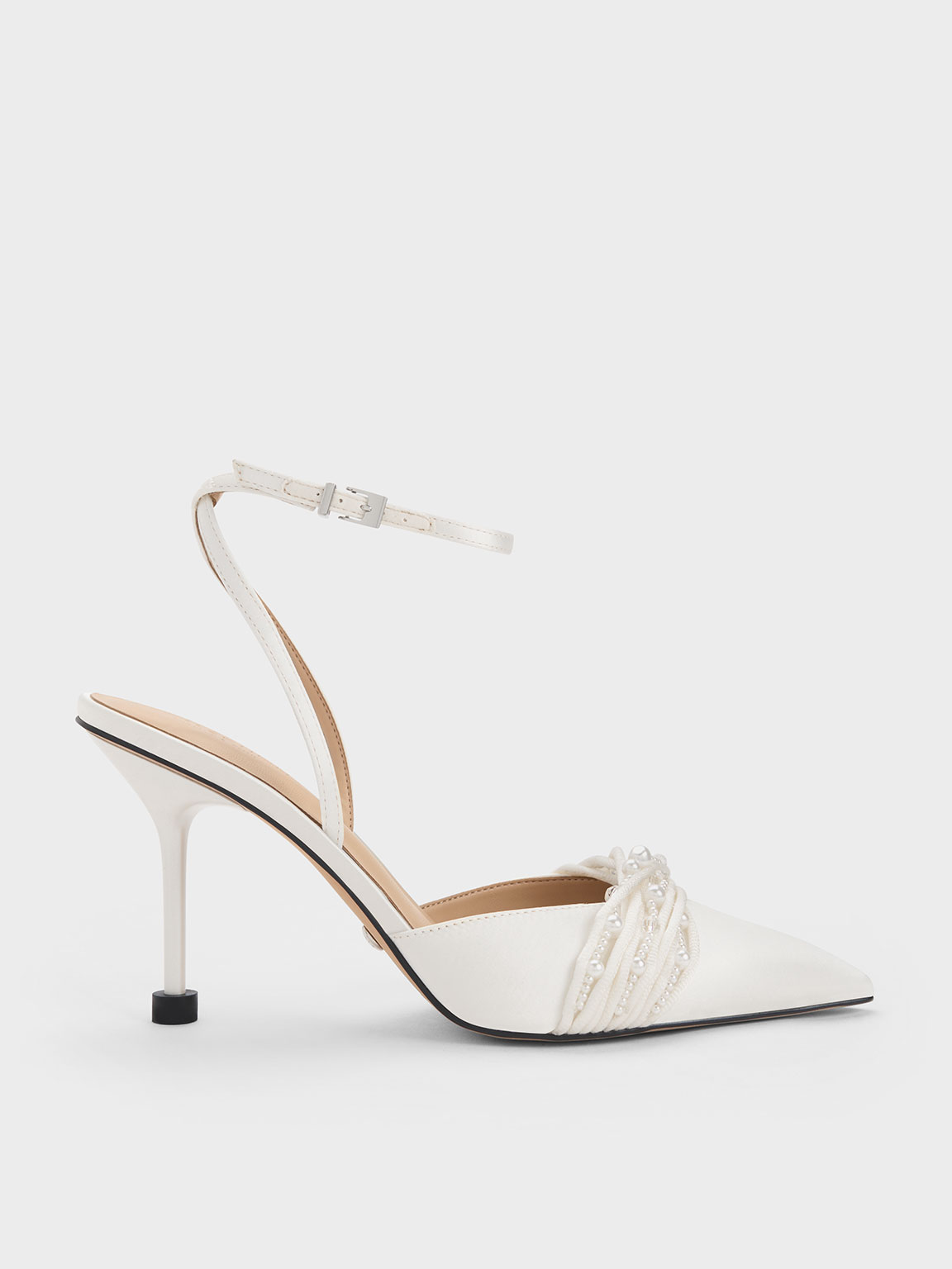 Charles & Keith Beaded Satin Ankle-strap Pumps In White