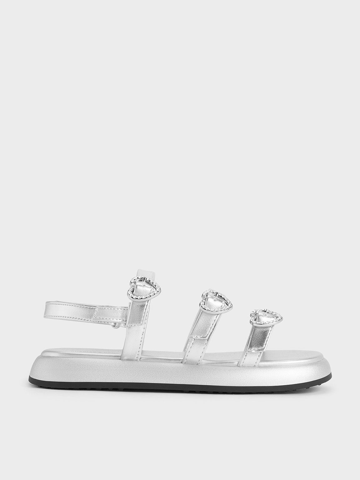 Shop Charles & Keith - Girls' Metallic Heart-embellished Strappy Sandals In Silver