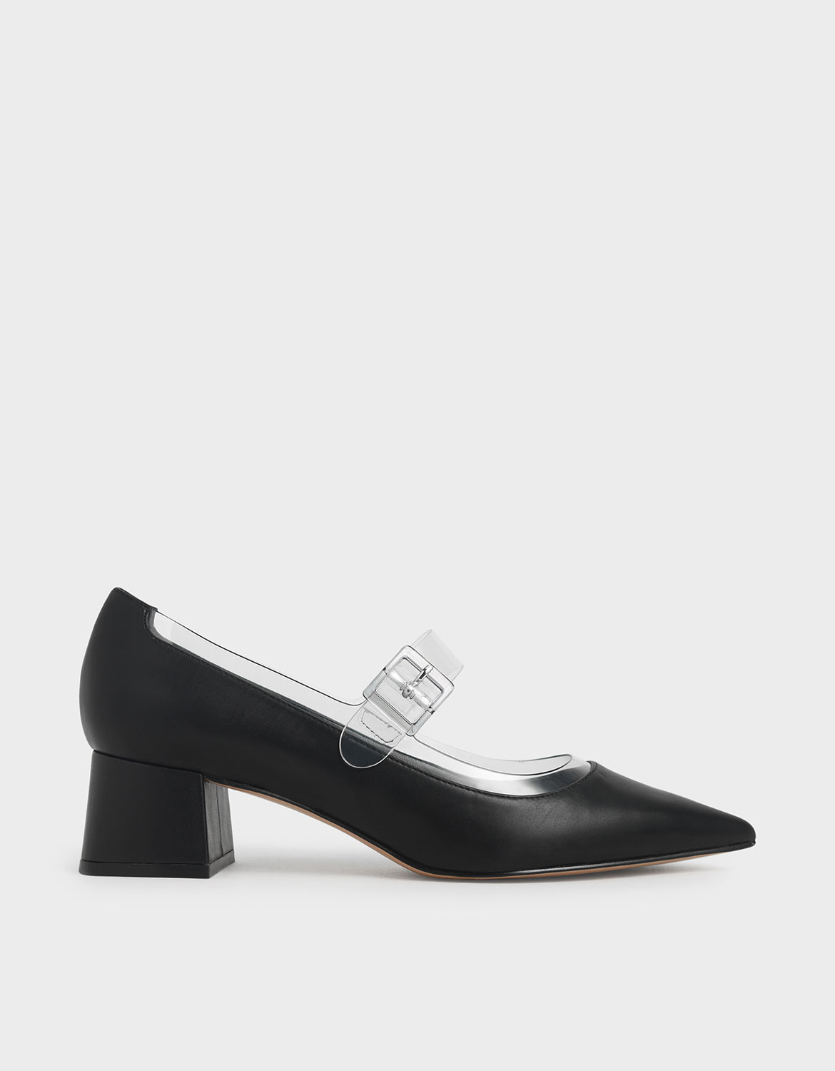 

Clear Mary Jane Strap Pumps, Black